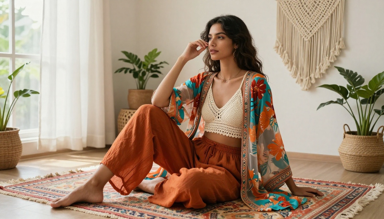AI companion in boho-chic layered outfit in sunlit bohemian apartment AI companion in boho-chic layered outfit in sunlit bohemian apartment