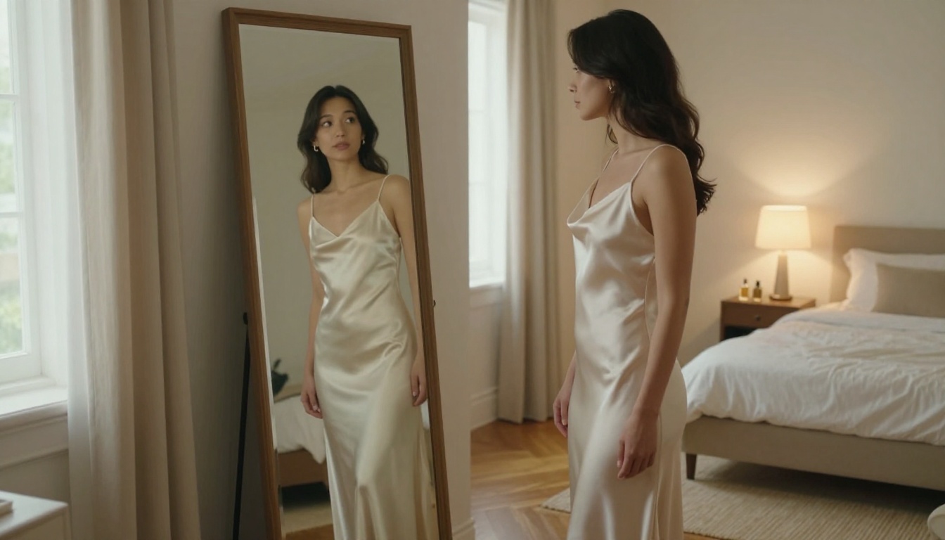 Woman in soft intimate bedroom setting with mirror