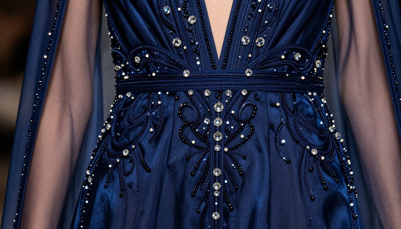 Close-up detail shot of midnight blue evening gown with hand-sewn crystal beading and intricate embroidery Close-up detail shot of midnight blue evening gown with hand-sewn crystal beading and intricate embroidery