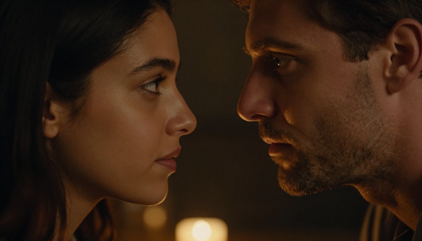 Two faces in intimate closeness by candlelight