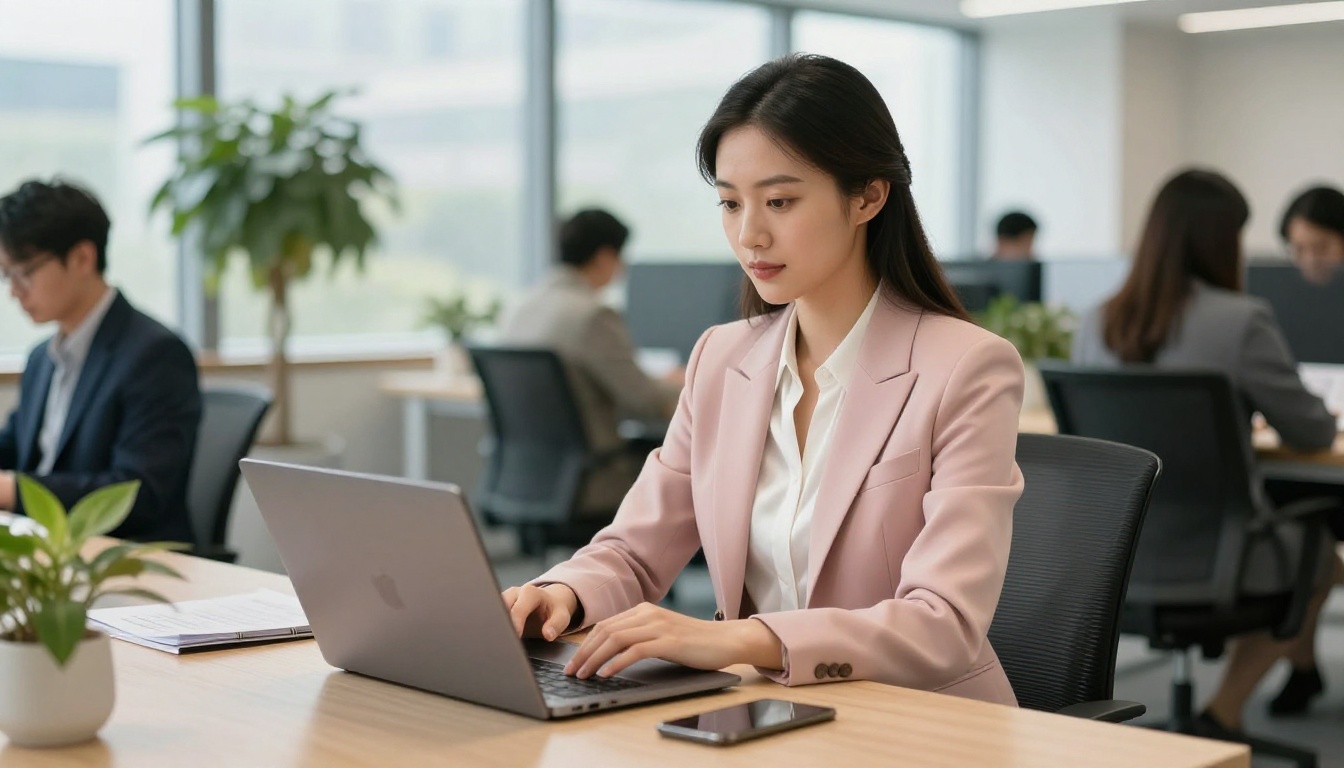 AI companion in blush pink business casual blazer in bright modern co-working space AI companion in blush pink business casual blazer in bright modern co-working space