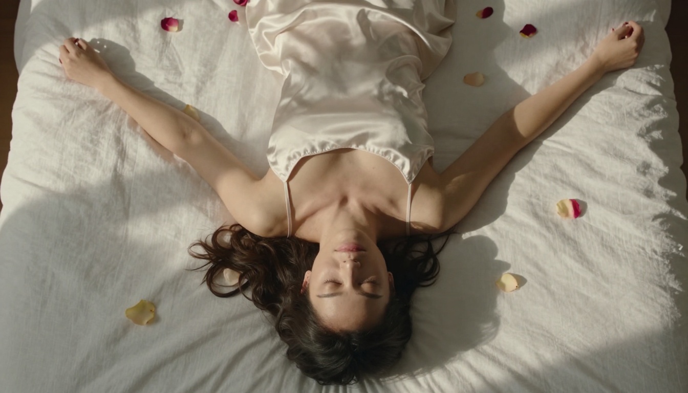 Woman in blissful contentment on white linen bed