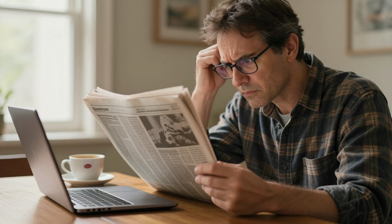 Person fact-checking AI responses with printed newspaper sources