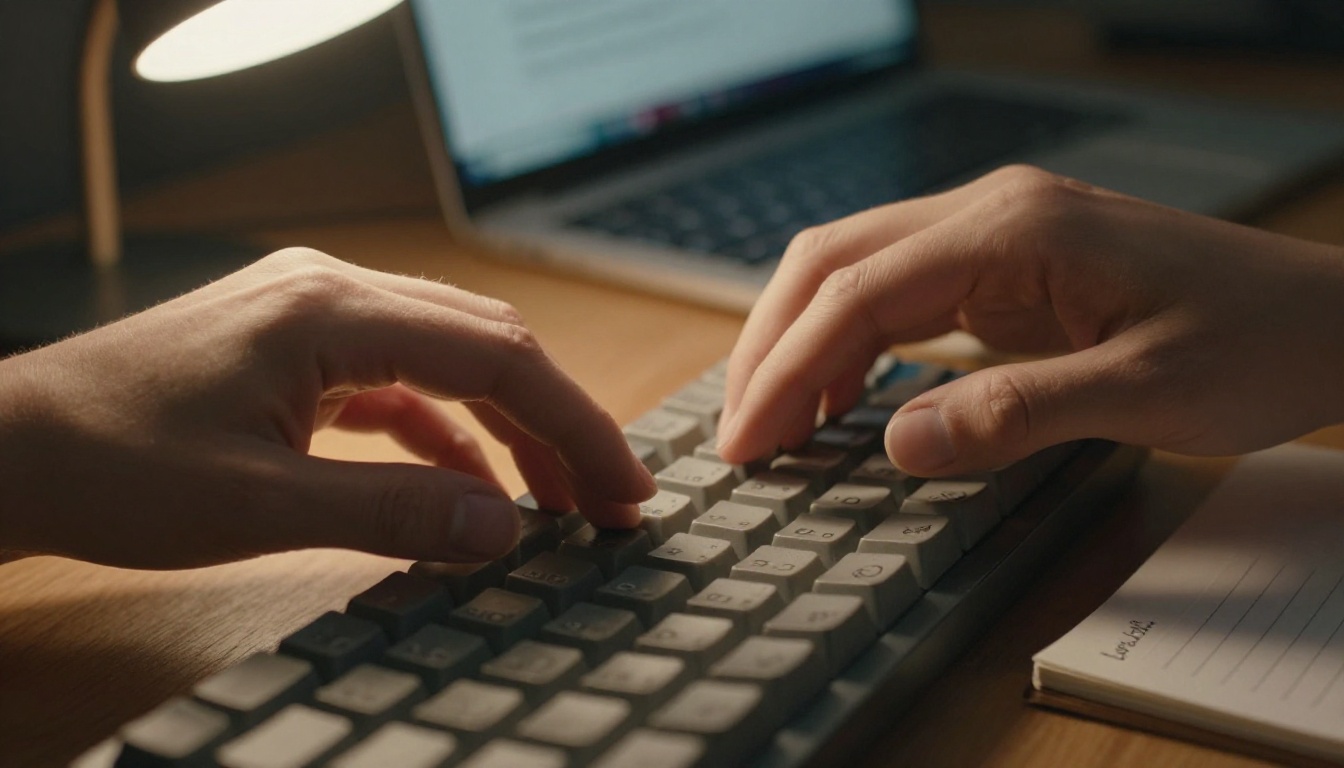 Close-up of hands hovering over keyboard before typing an AI prompt