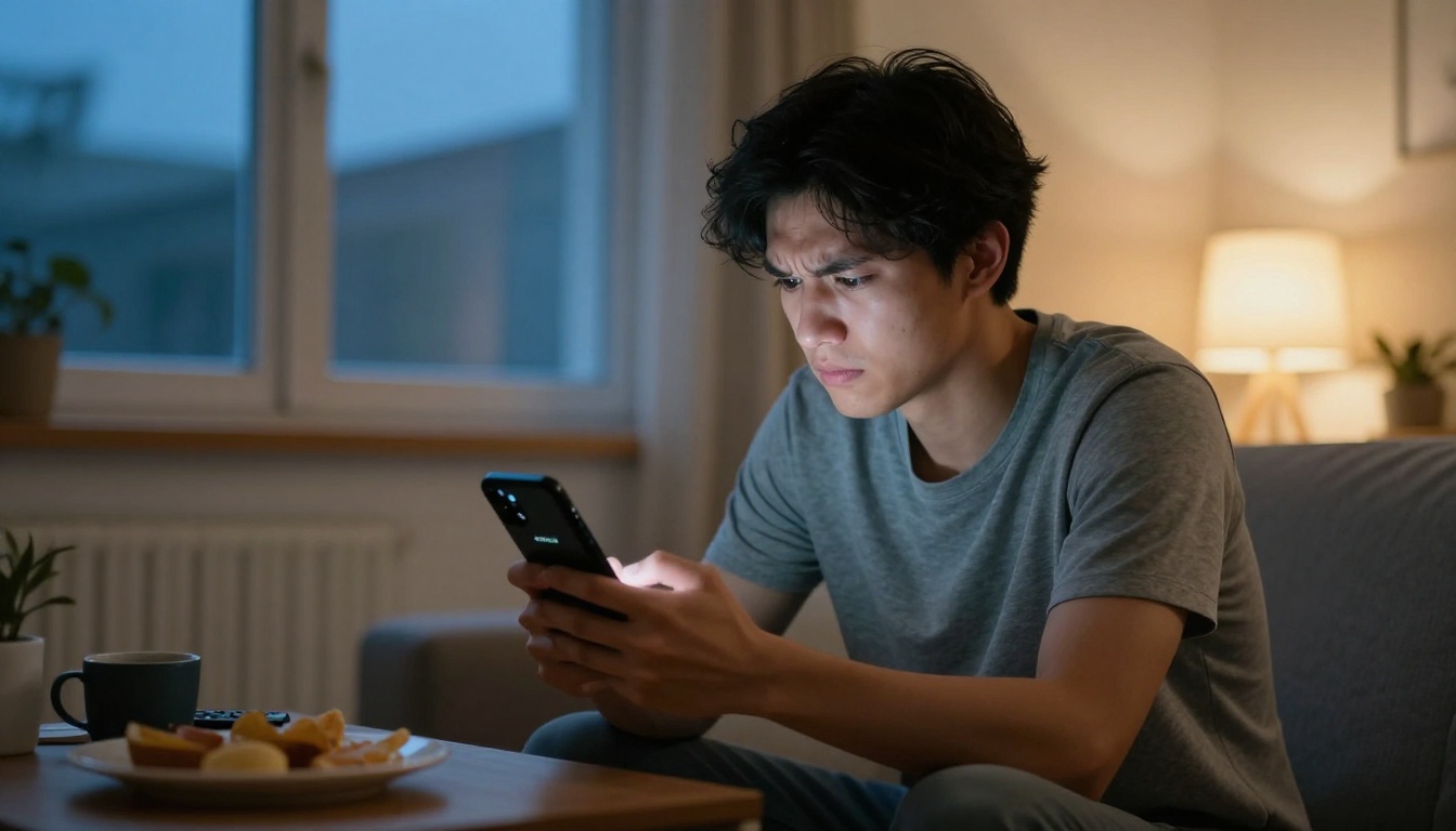 Frustrated man seeing usage limit notification on his phone in the evening