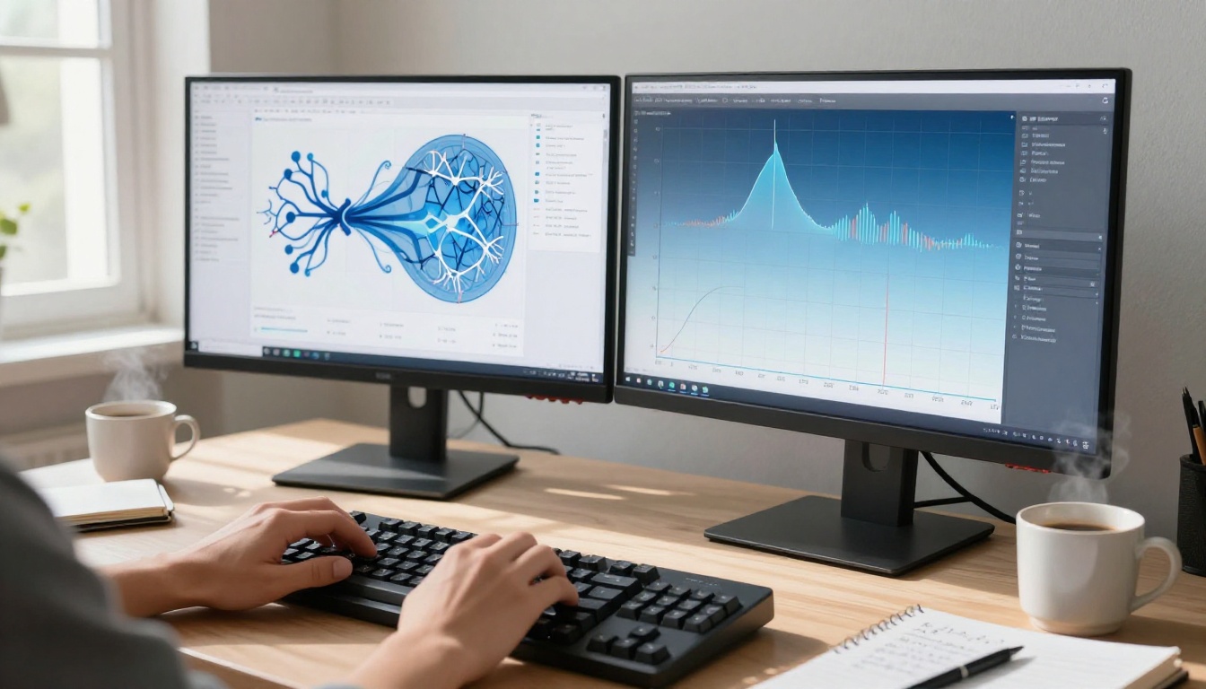 Developer workstation showing diffusion model architecture visualization, dual monitors with neural network diagrams