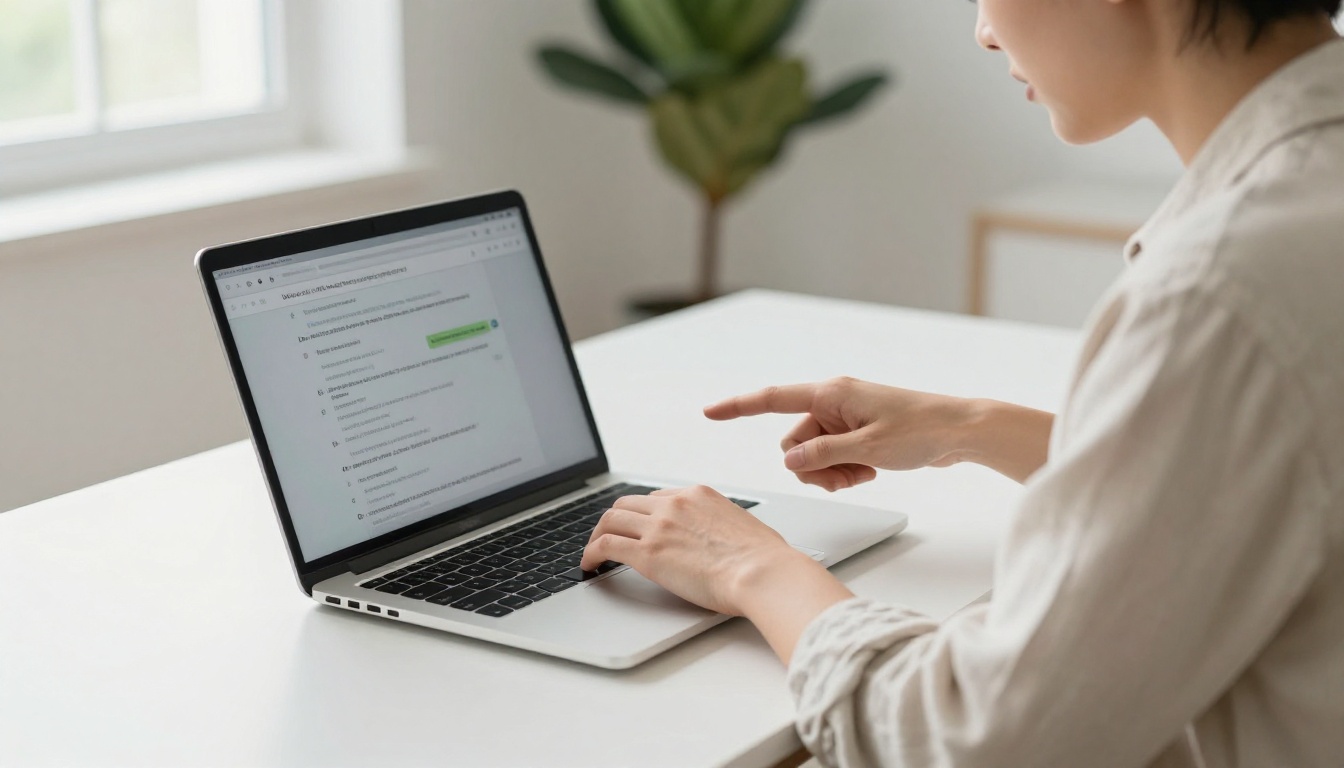 Person at white desk pointing at disconnected chat conversation on laptop screen