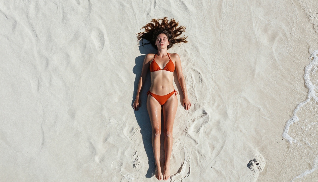 Aerial shot of a woman in burnt-orange bikini lying on white sand beach, drone perspective looking down