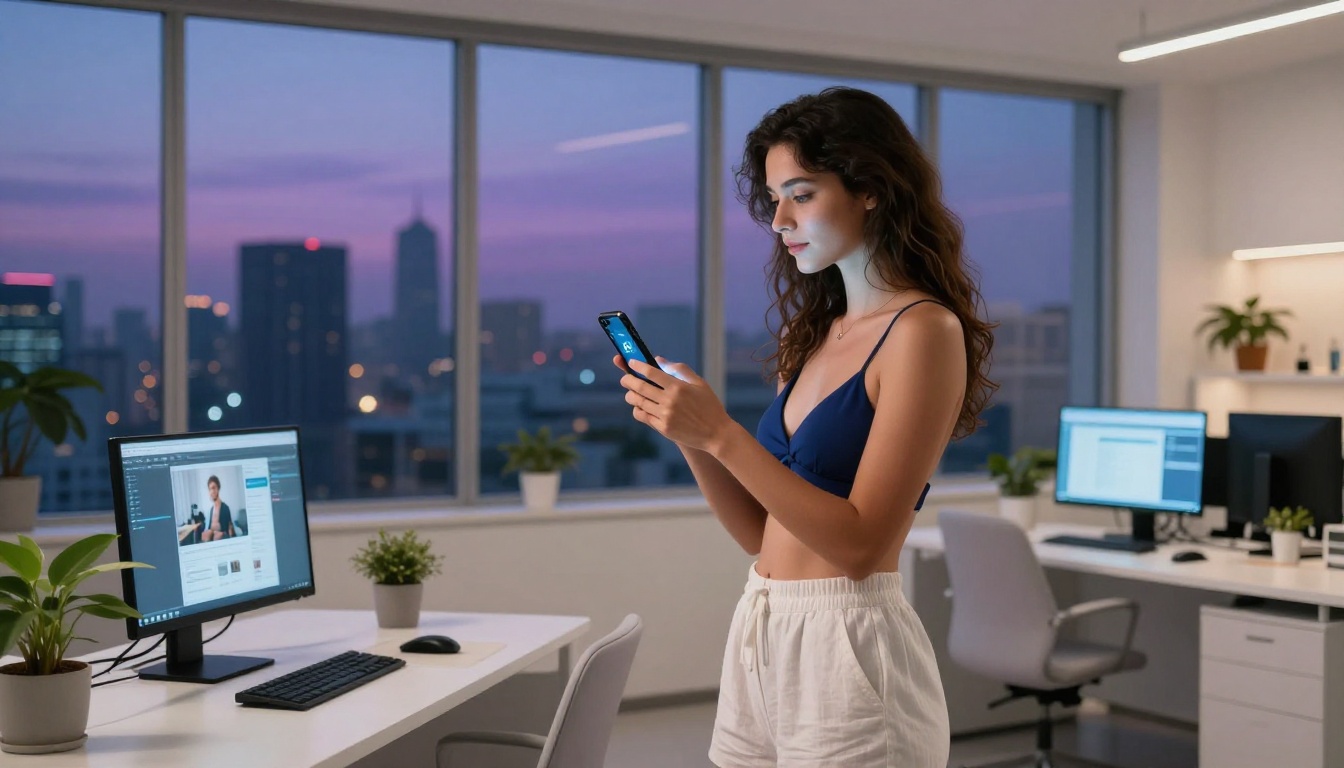 Woman in navy bikini top in modern AI office at dusk, smartphone with AI interface glowing