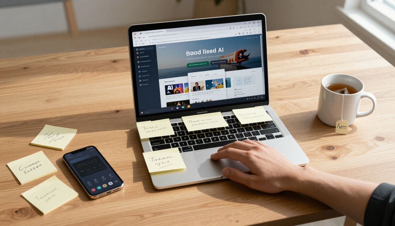 Overhead flat-lay of desk with multiple AI tool tabs open on laptop