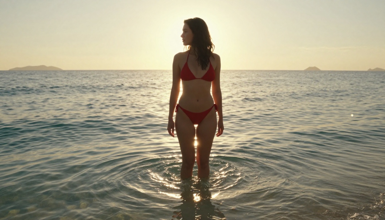 Beautiful woman in red bikini in shallow tropical ocean, golden rim light from horizon, eye level shot
