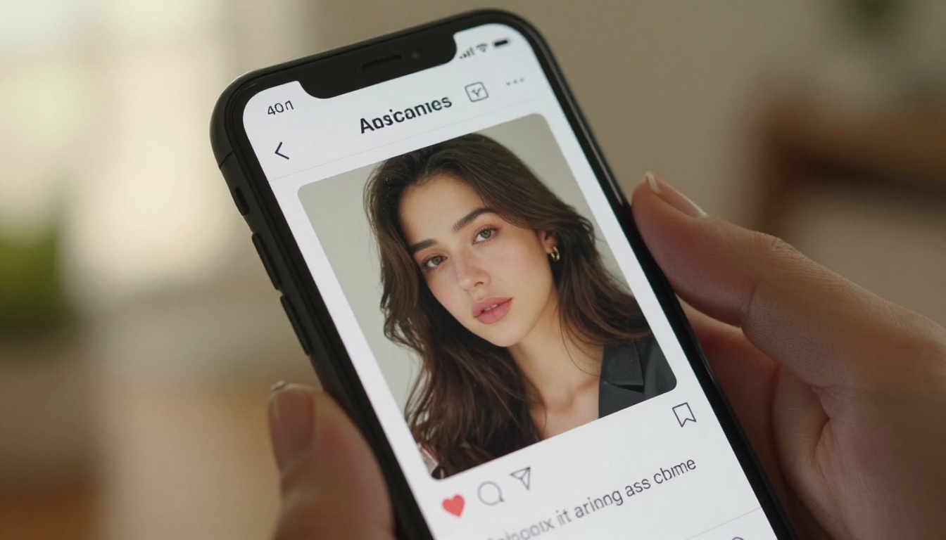 Smartphone screen showing AI generation interface, woman's hands holding phone, warm home interior backdrop