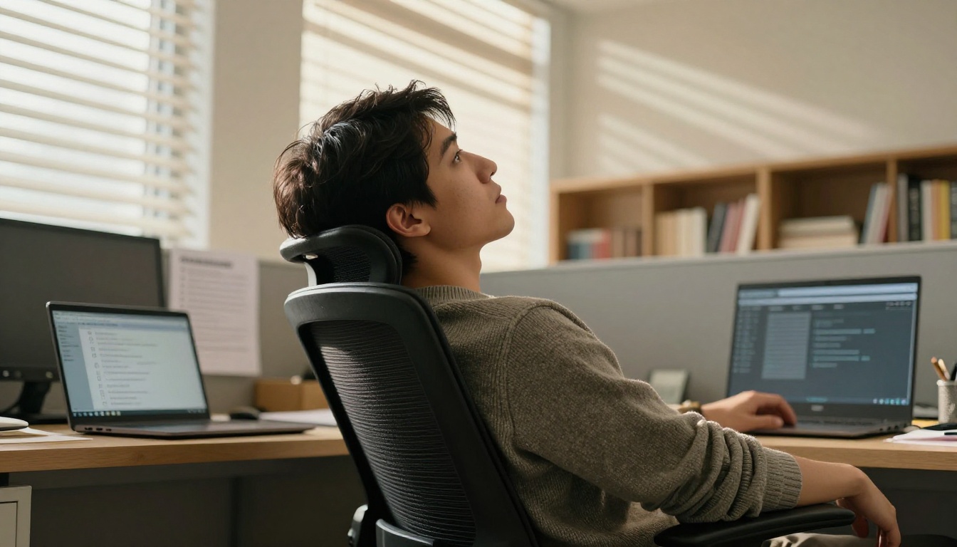 Young professional leaning back in office chair staring at ceiling, laptop open on desk