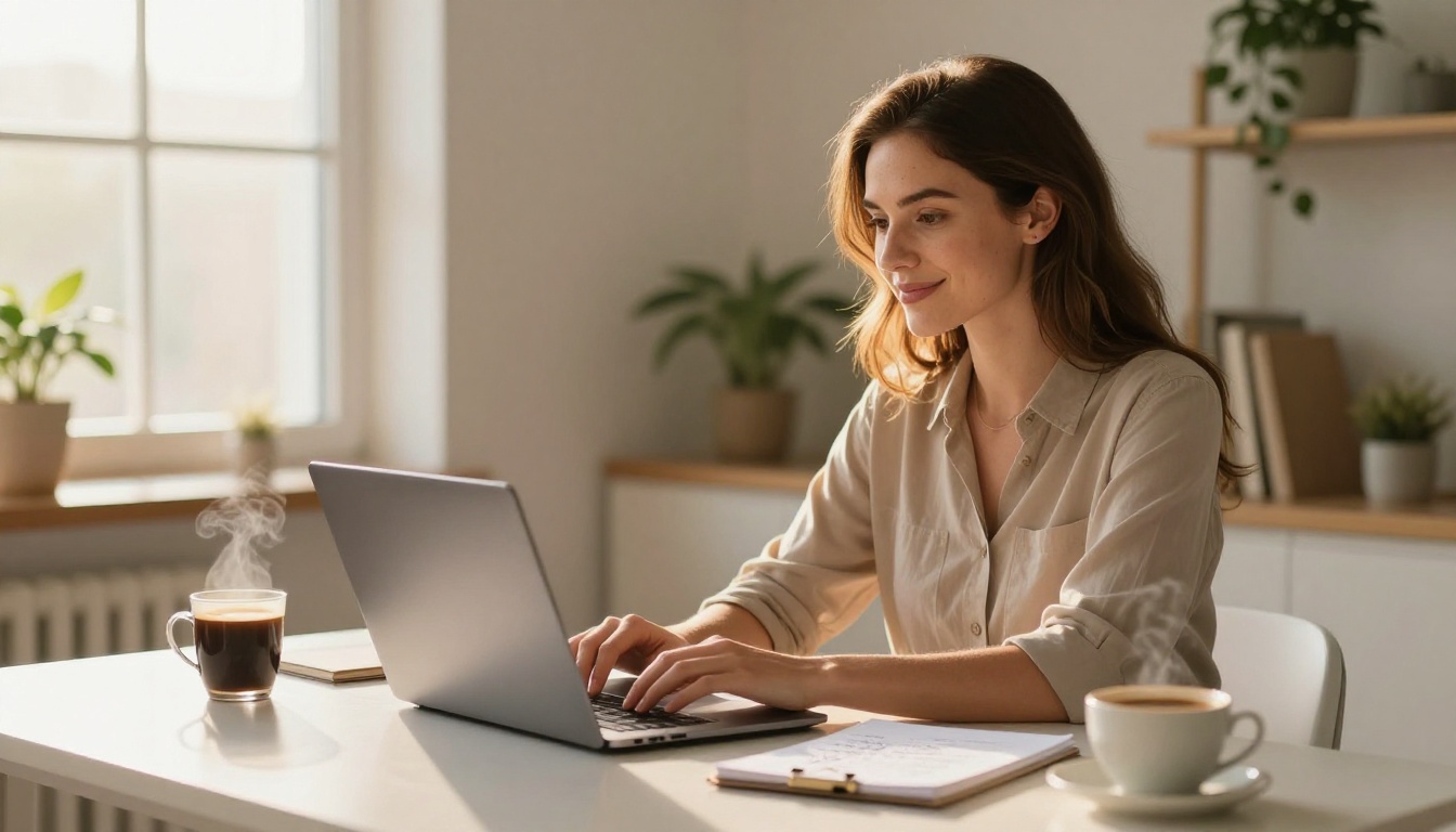 Confident woman using AI tools productively at a clean organized morning desk