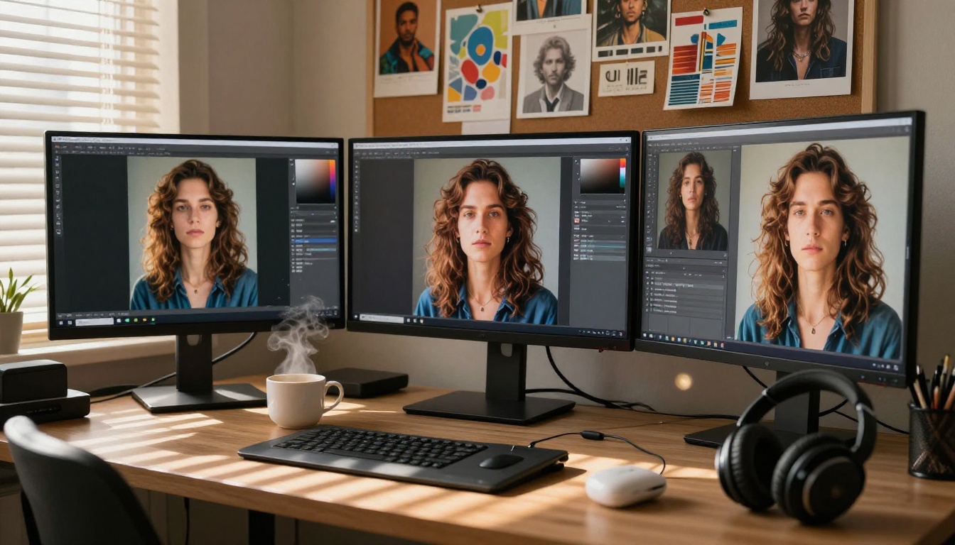 Creative AI workspace with multiple monitors showing generated portraits, drawing tablet, venetian blind light shadows