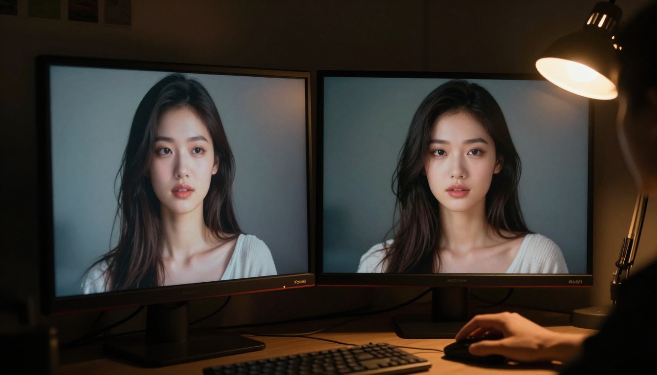 Side-by-side AI model comparison on 4K monitor in dark room, chiaroscuro lighting, tungsten desk lamp