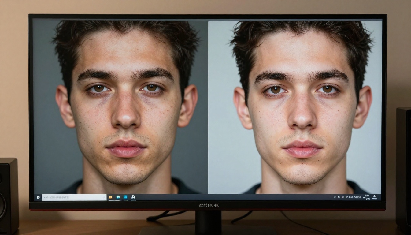 AI face comparison on monitor showing distorted vs restored face side by side