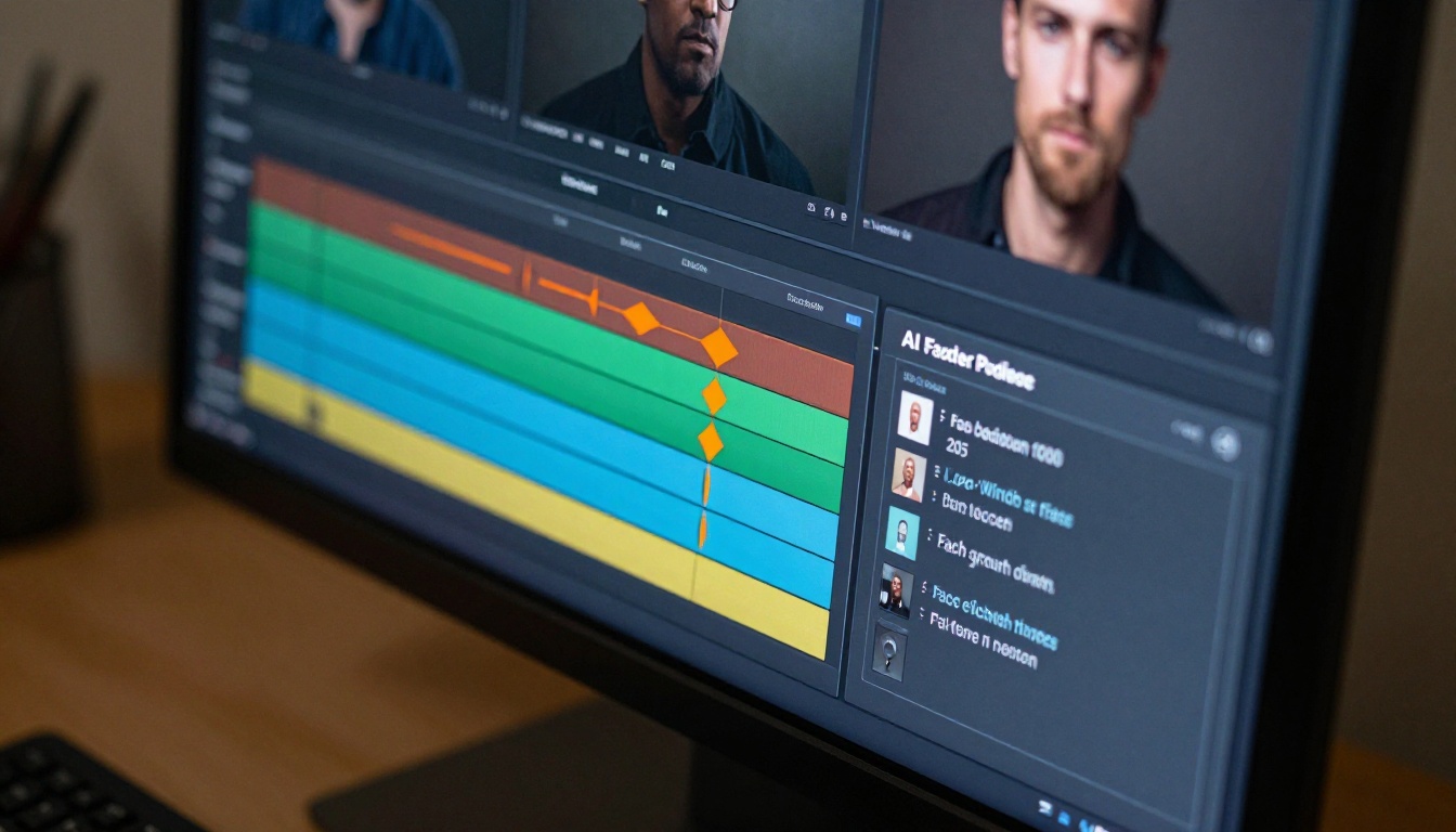 Video editing timeline showing face correction keyframes and AI detection confidence scores