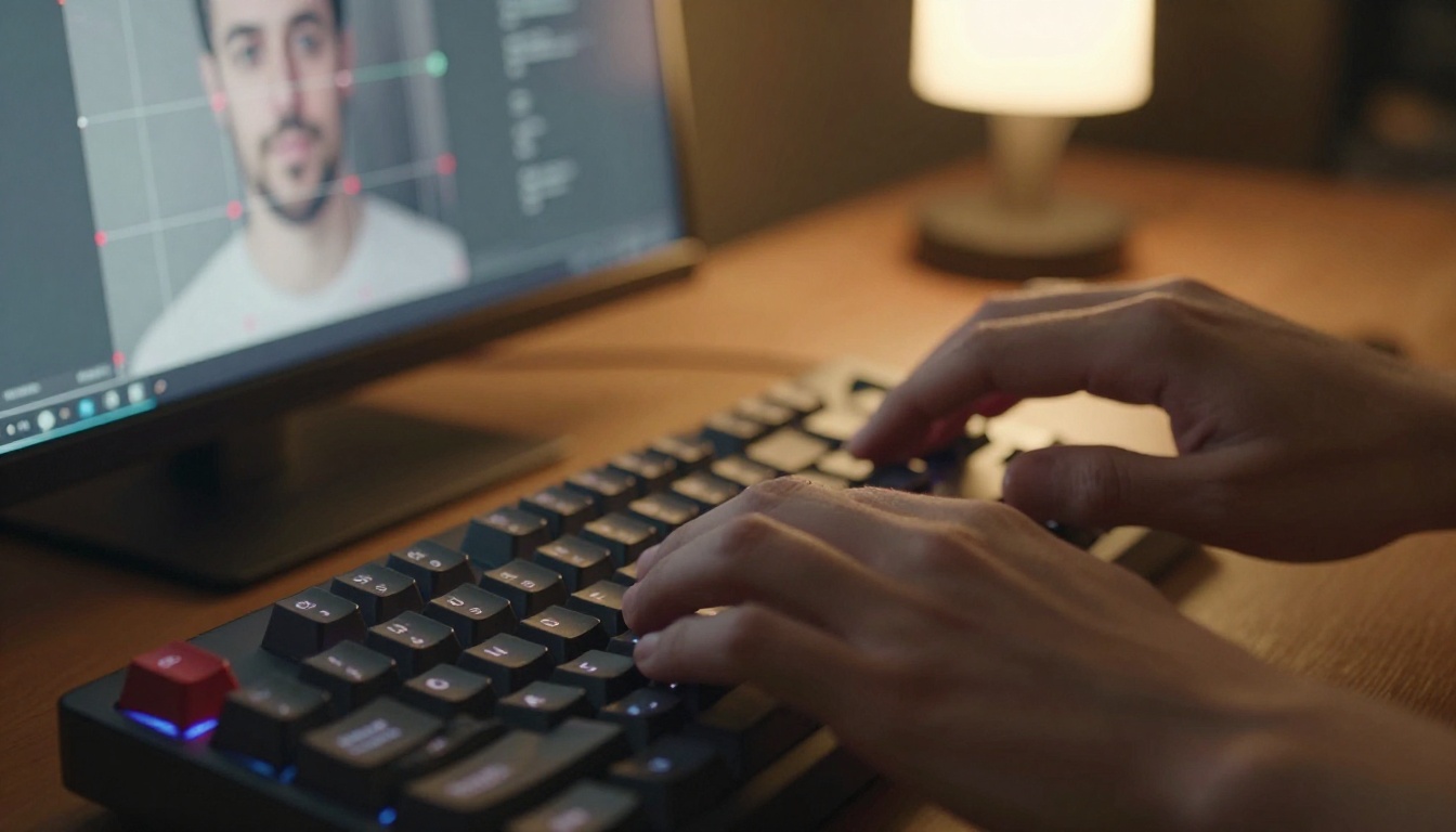 Hands on mechanical keyboard with facial landmark detection visible on background monitor