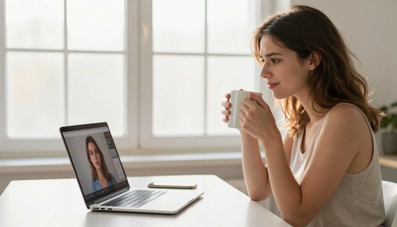 Woman satisfied viewing restored AI video on laptop with morning window light behind her