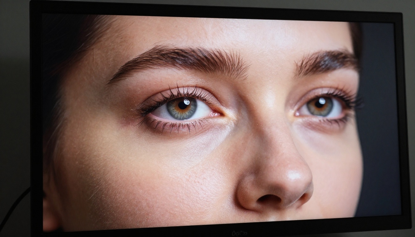 Macro close-up of perfectly restored photorealistic face displayed on high-resolution monitor