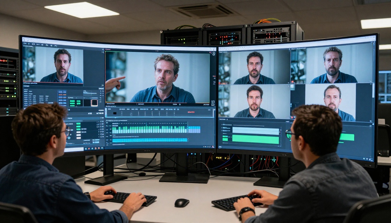 Three video editors collaborating around curved monitor showing face correction quality grid