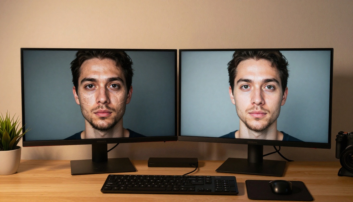 Dual monitor home studio setup showing distorted face on left and corrected face on right