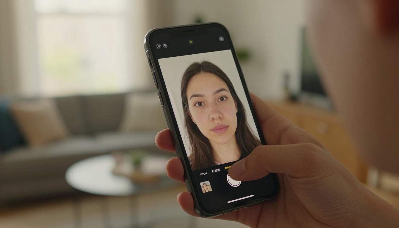 Person holding smartphone showing AI face correction applied in real time in apartment