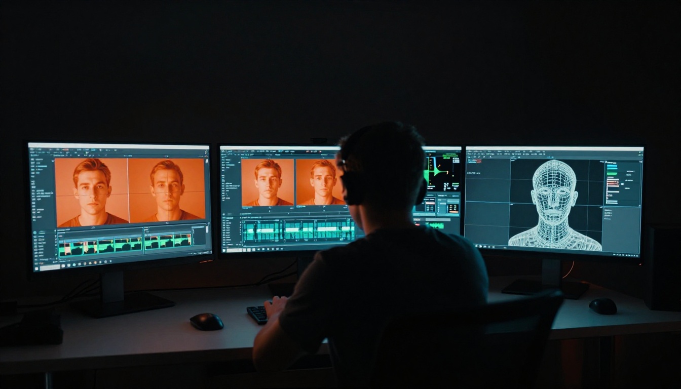 Professional colorist in dark cinematic suite working on face quality grading across four monitors