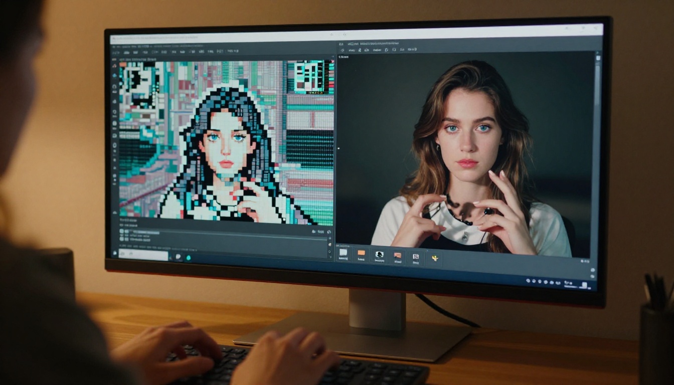 AI upscaling comparison on ultrawide monitor showing before and after results
