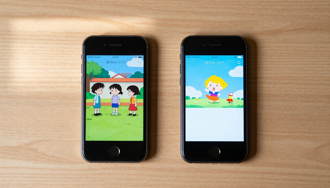 Two smartphones side by side showing anime chat interfaces on a wooden desk Two smartphones side by side showing anime chat interfaces on a wooden desk