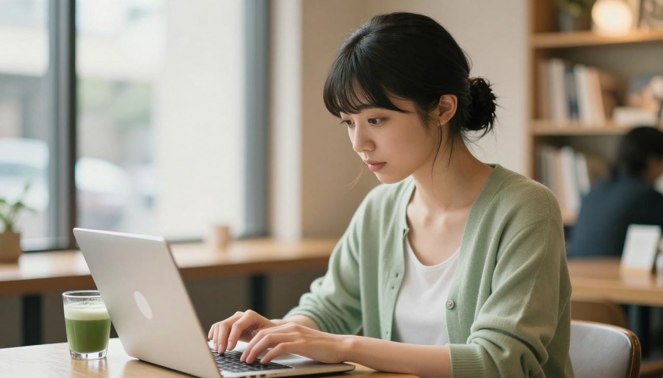 A young Japanese woman typing on a laptop at a warm Tokyo cafe with bookshelves behind her A young Japanese woman typing on a laptop at a warm Tokyo cafe with bookshelves behind her