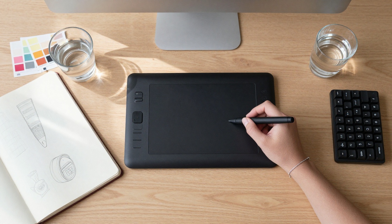 Aerial overhead view of minimalist digital art workstation with drawing tablet and stylus