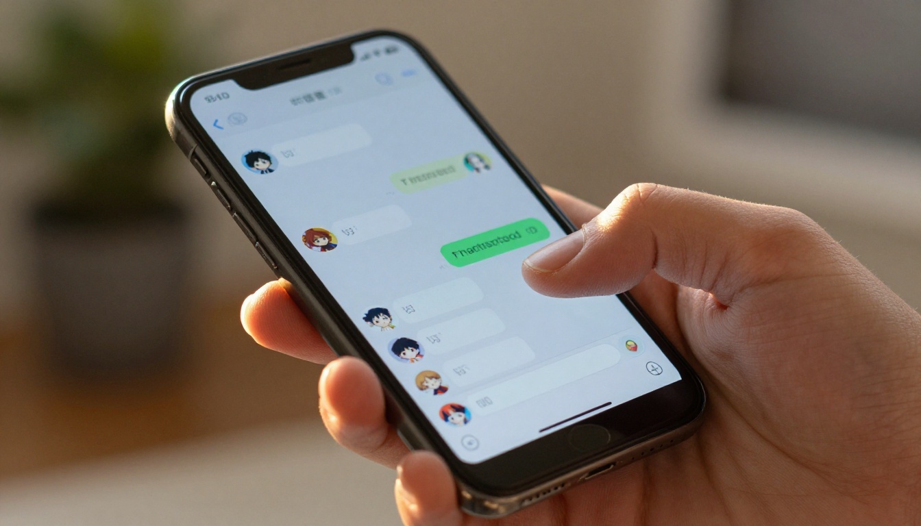 Close-up of a hand holding a smartphone showing an anime-style chat interface with colorful message bubbles Close-up of a hand holding a smartphone showing an anime-style chat interface with colorful message bubbles