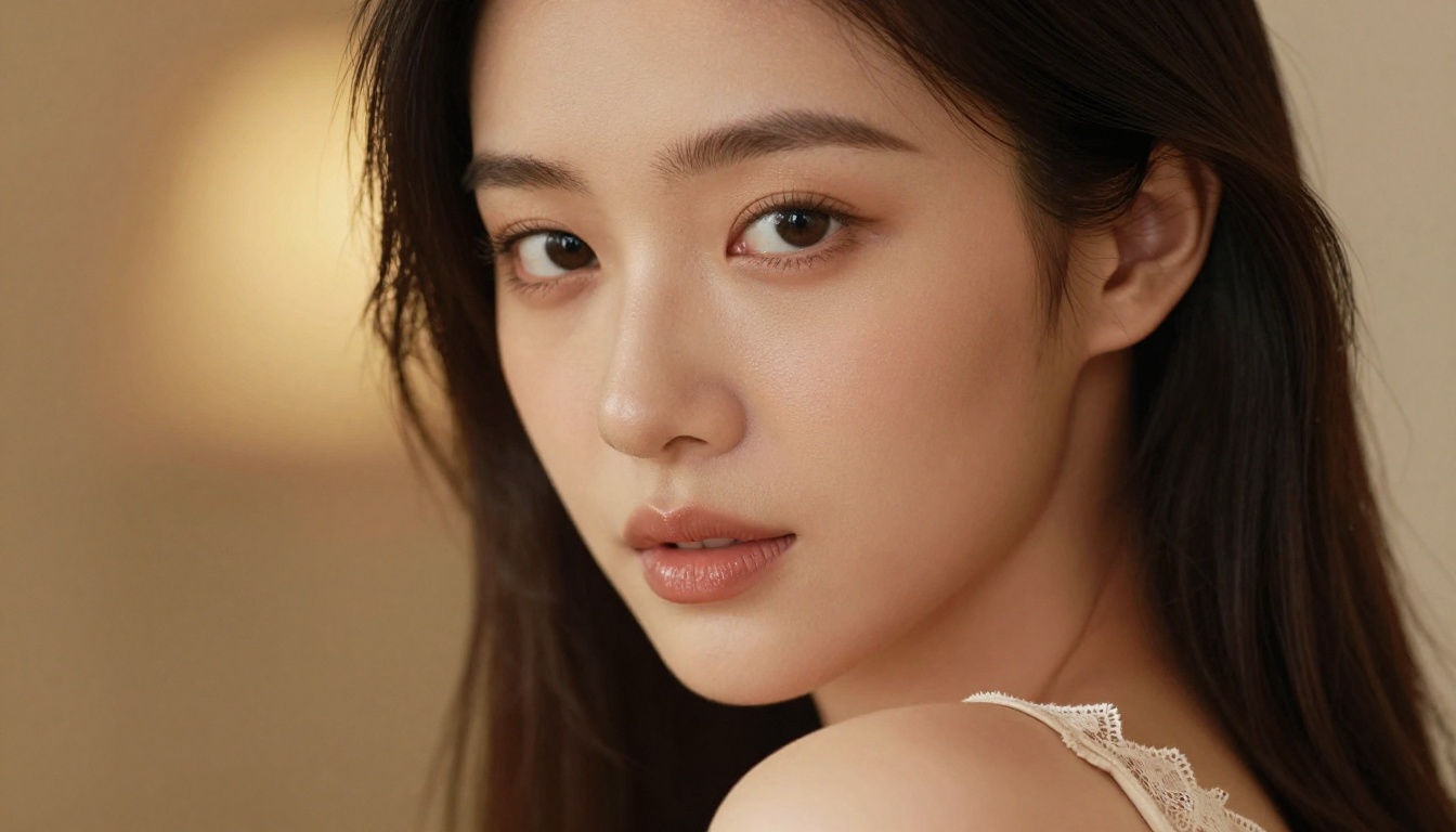 Photorealistic portrait of a beautiful Asian woman with flawless skin and natural makeup in warm side lighting