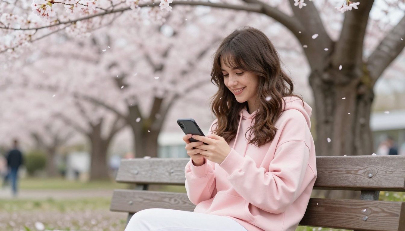 A young woman sitting on a park bench with cherry blossoms falling, smiling at her phone A young woman sitting on a park bench with cherry blossoms falling, smiling at her phone