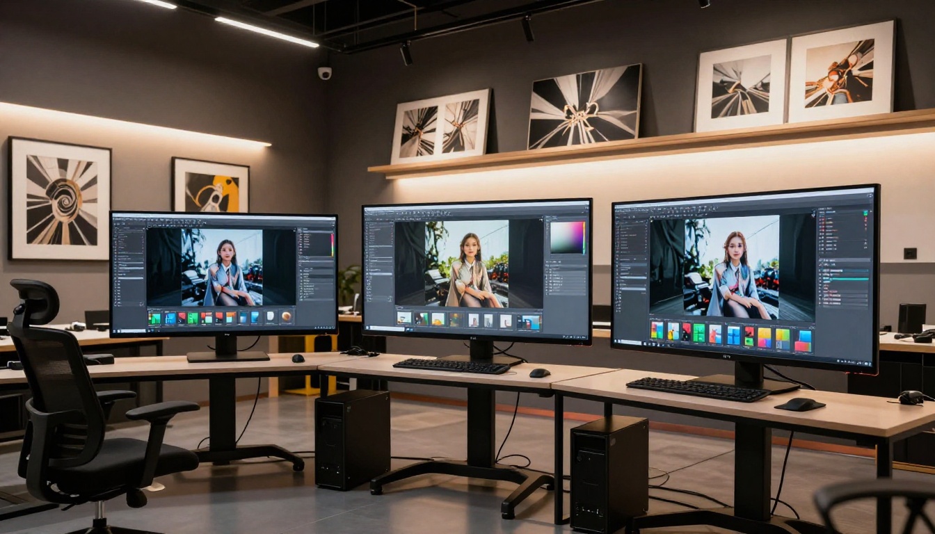 Modern AI art studio interior with three monitors showing image enhancement stages and professional workstation