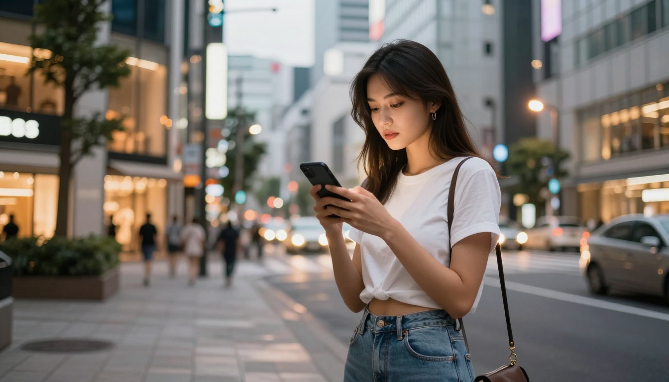 A fashionable young woman on a Tokyo street at dusk looking down at her phone with warm amber street light A fashionable young woman on a Tokyo street at dusk looking down at her phone with warm amber street light