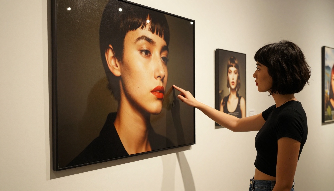 Young woman with short pixie cut studying a large printed fine art photograph in a gallery lit by warm overhead track lighting