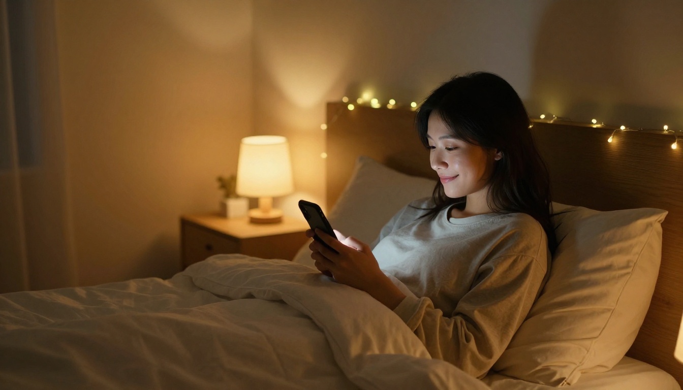 A young woman lying on a cozy bed at night reading a chat on her phone, warm fairy lights in the background A young woman lying on a cozy bed at night reading a chat on her phone, warm fairy lights in the background