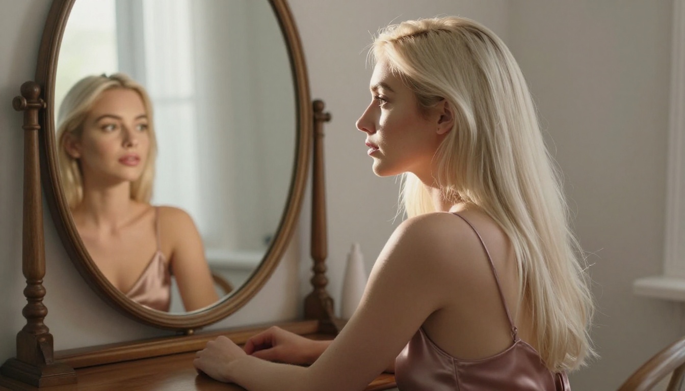 Photorealistic side-profile portrait of a platinum blonde woman in satin slip dress seated at a vanity in warm morning light