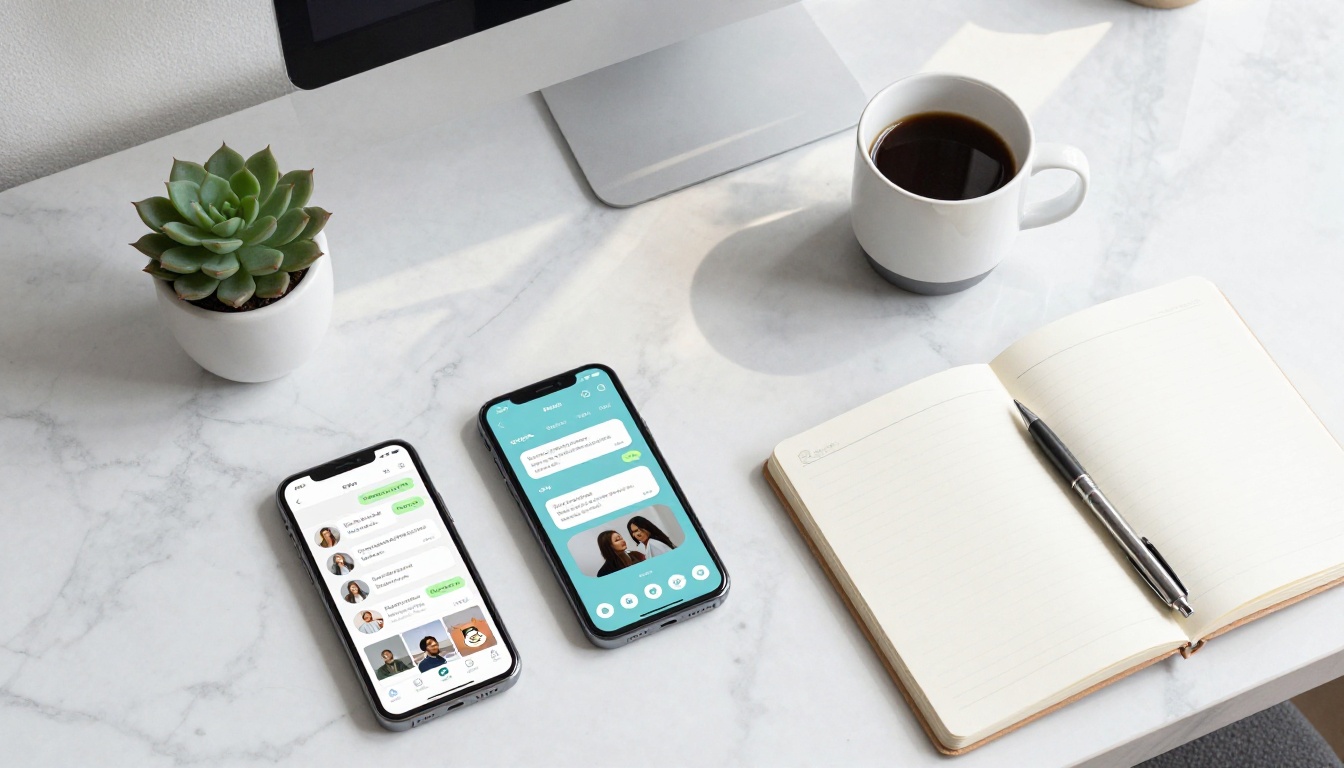 Aerial flat lay view of two smartphones and an open notebook on a marble desk with a coffee cup and succulent plant Aerial flat lay view of two smartphones and an open notebook on a marble desk with a coffee cup and succulent plant