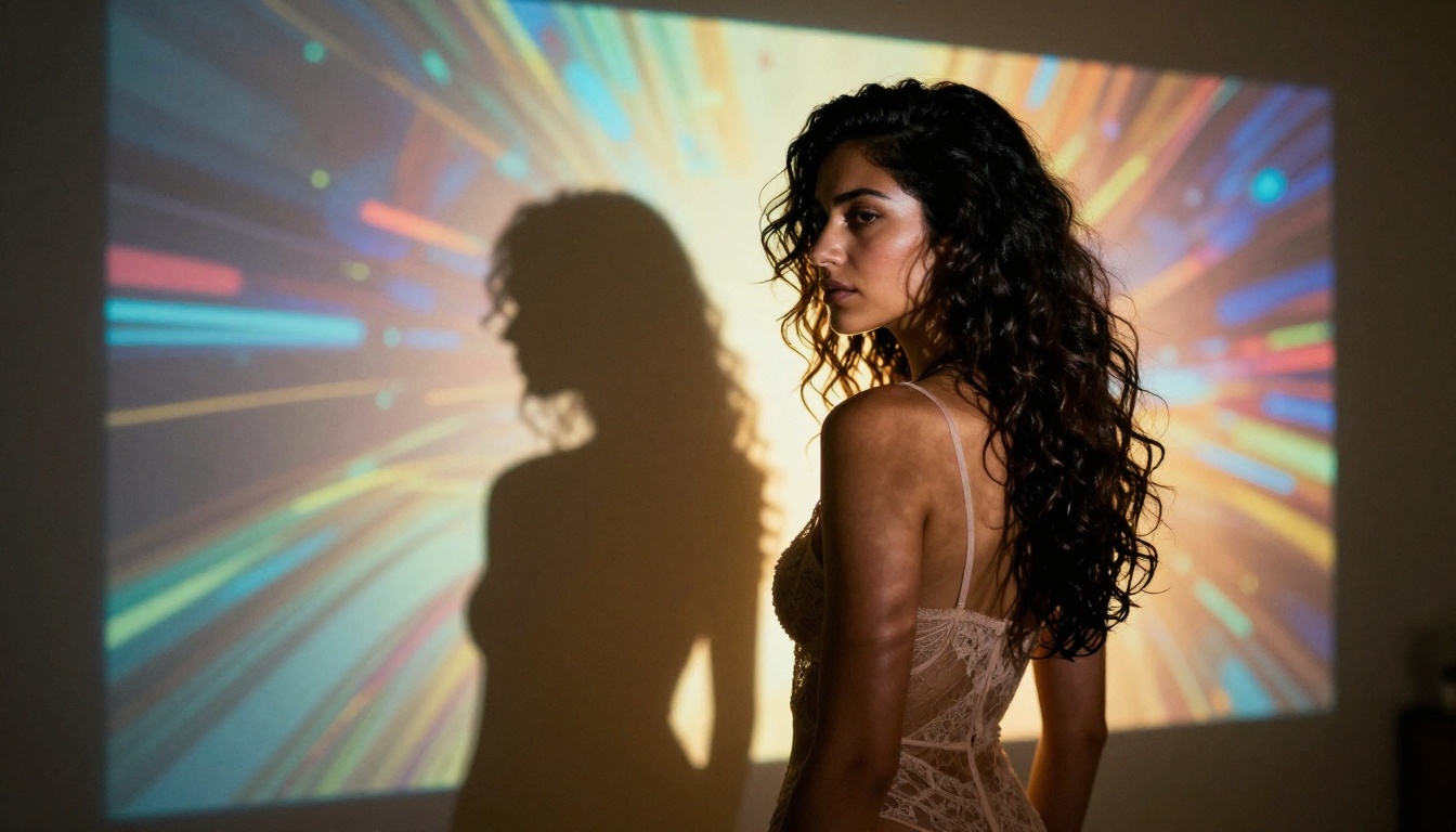 Dramatic backlit photorealistic portrait of a woman with curly dark hair in sheer lace bodysuit in front of glowing art panel