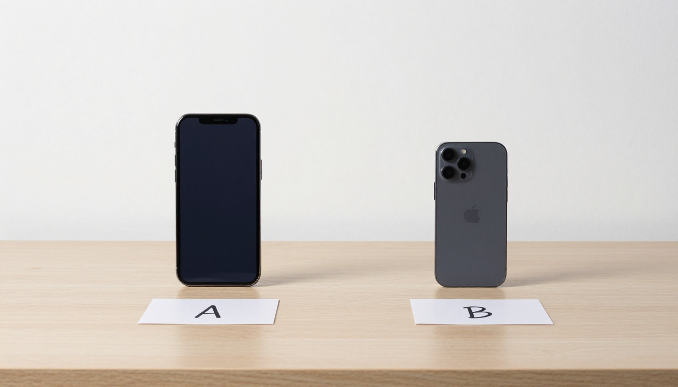 Two smartphones positioned parallel on a clean white desk with handwritten label cards for A/B comparison Two smartphones positioned parallel on a clean white desk with handwritten label cards for A/B comparison