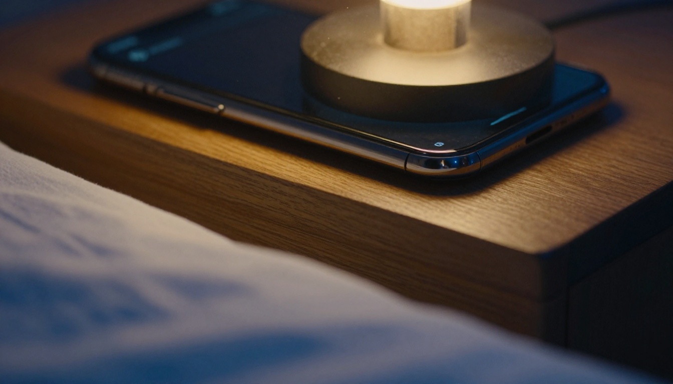 Smartphone resting on a nightstand with a soft notification glow
