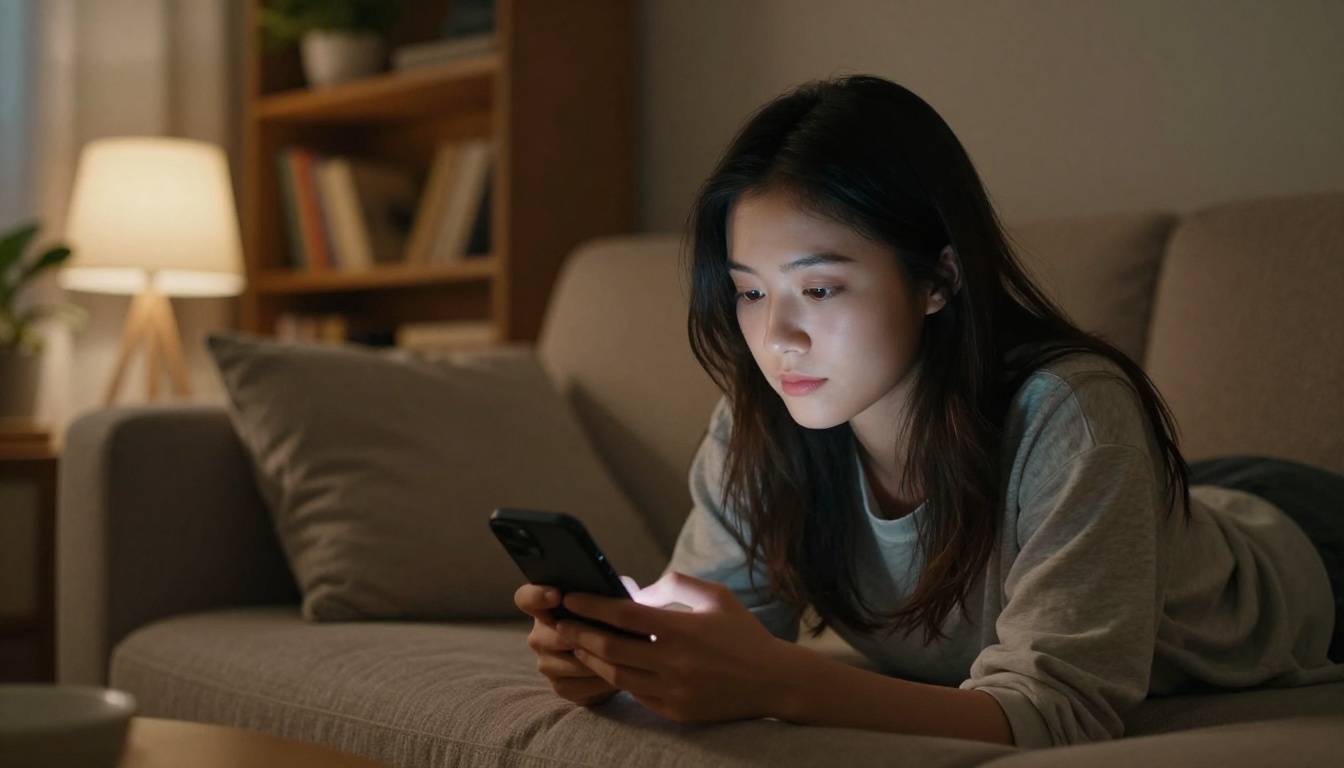 Woman lying on a sofa, typing on her phone at night