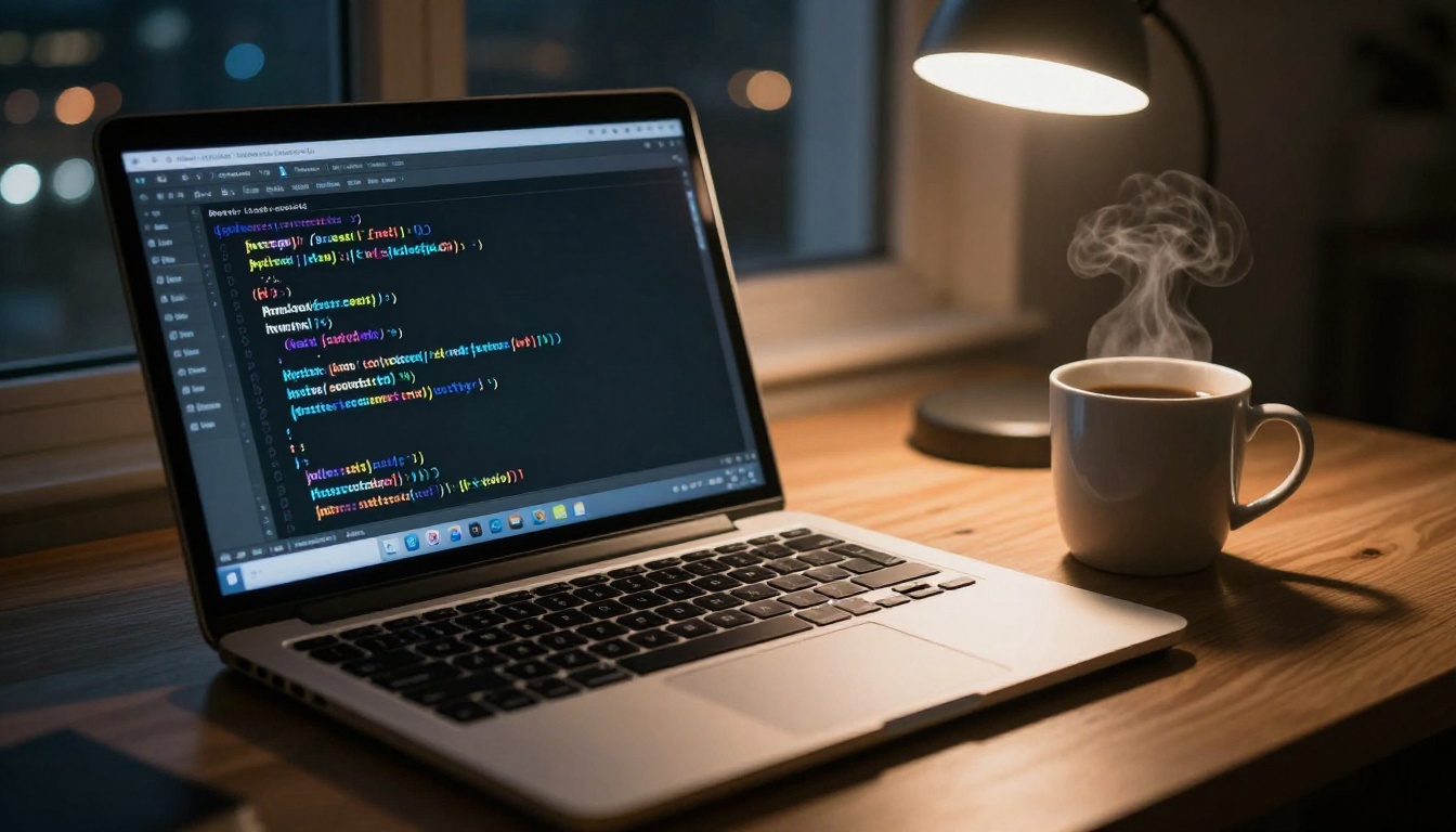 Laptop with code on a desk at night, city lights in the background