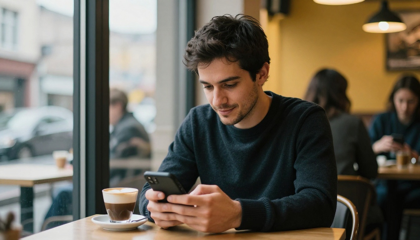 A man at a cafe window, reading his phone with a thoughtful half-smile