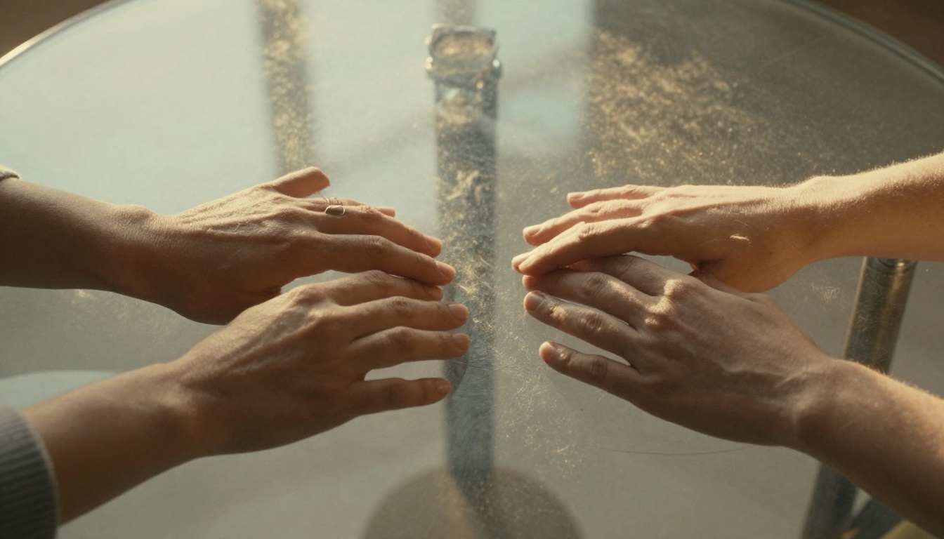 Two hands reaching toward each other across a glass table, with a reflection