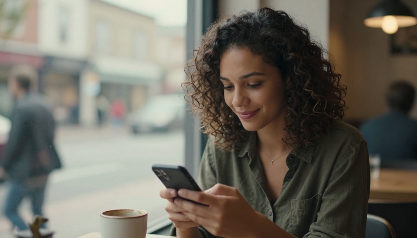 Woman in a coffee shop looking at her phone with a warm smile